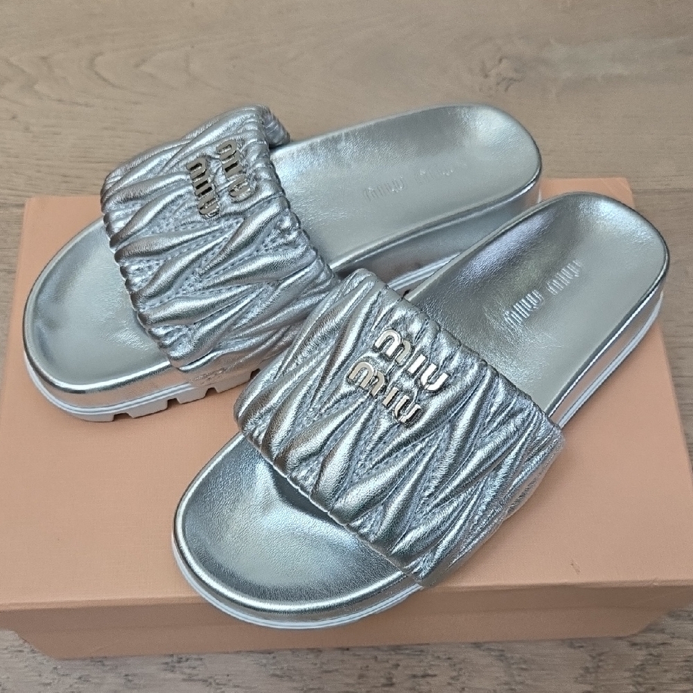 Women's Metallic Silver Slide Sandals